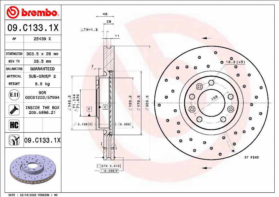 Brembo 09.C133.1X - Тормозной диск autospares.lv