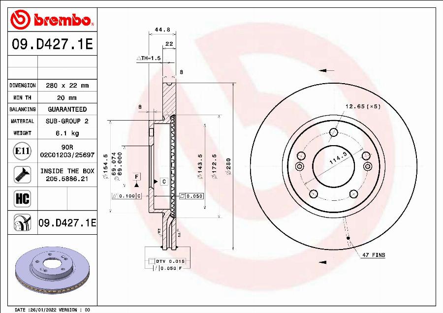 Brembo 09.D427.1E - Тормозной диск autospares.lv