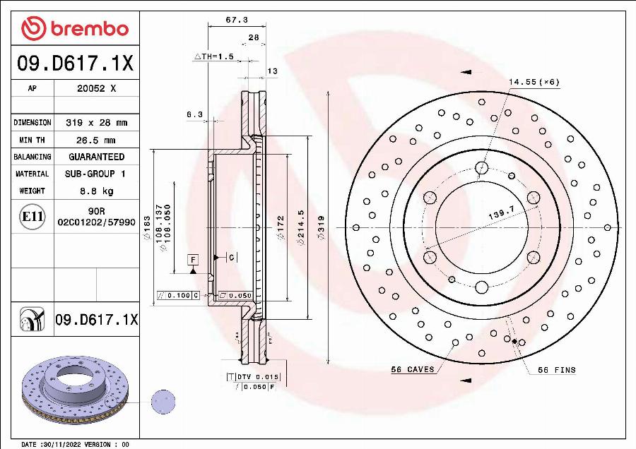 Brembo 09.D617.1X - Тормозной диск autospares.lv