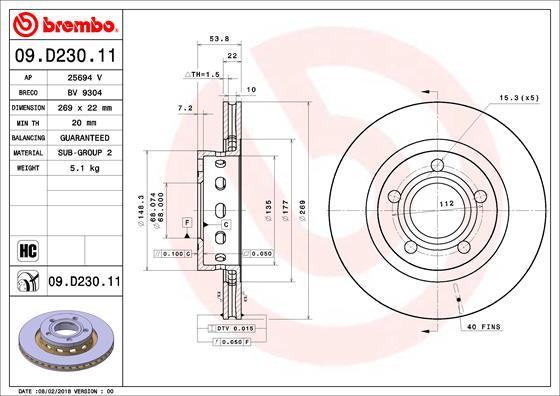 Brembo 09.D230.11 - Тормозной диск autospares.lv