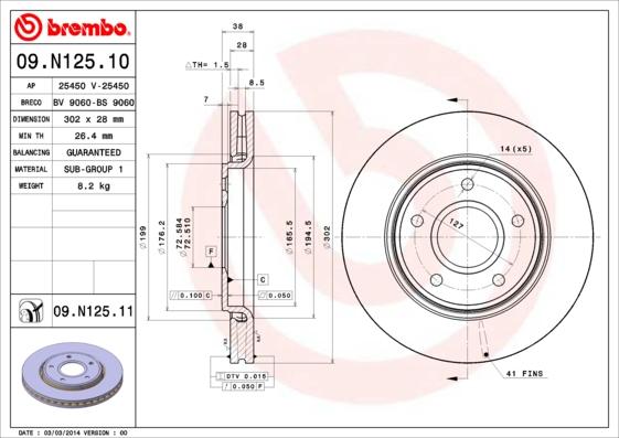 Brembo 09.N125.10 - Тормозной диск autospares.lv