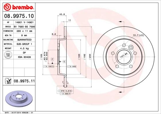 Brembo 08.9975.10 - Тормозной диск autospares.lv
