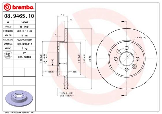 Brembo 08.9465.10 - Тормозной диск autospares.lv