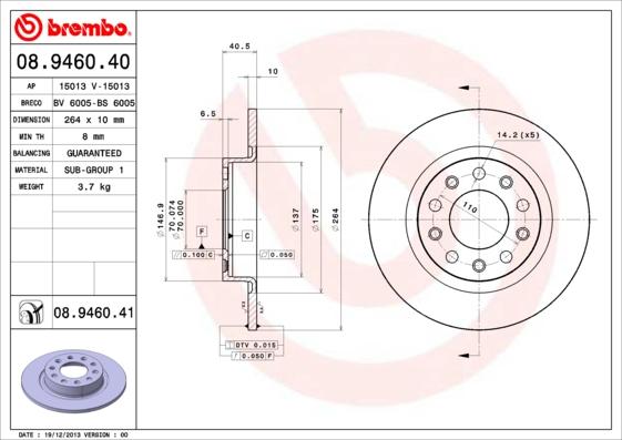 Brembo 08.9460.40 - Тормозной диск autospares.lv