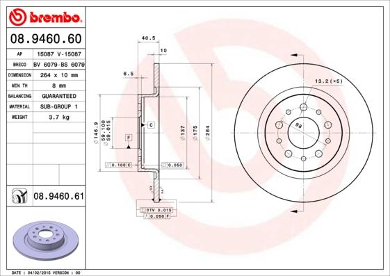 Brembo 08.9460.60 - Тормозной диск autospares.lv