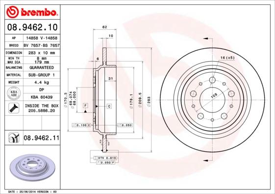 Brembo 08.9462.11 - Тормозной диск autospares.lv