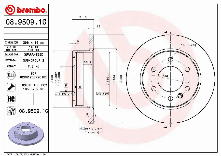 Brembo 08.9509.1G - Тормозной диск autospares.lv