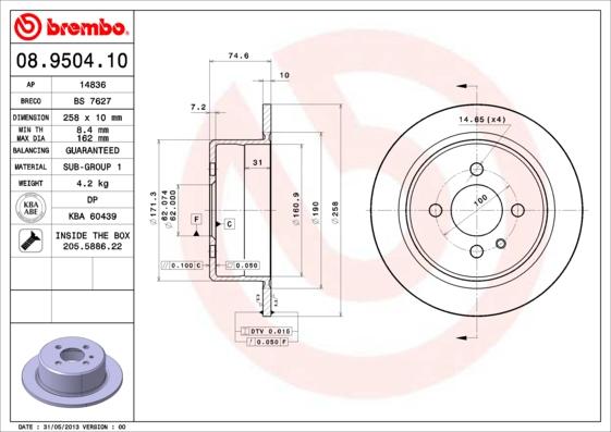 Brembo 08.9504.10 - Тормозной диск autospares.lv