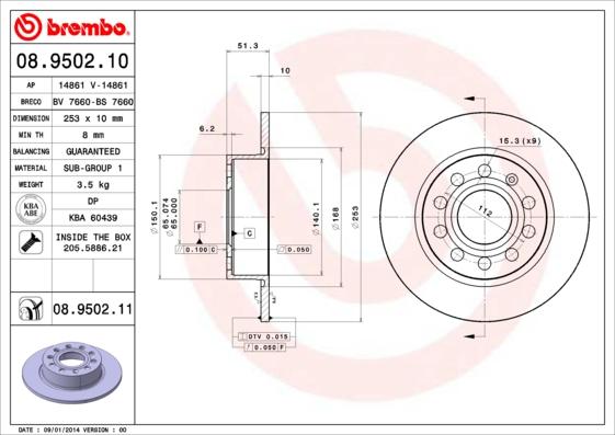 Brembo 08.9502.10 - Тормозной диск autospares.lv