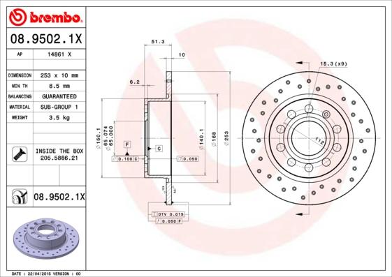 Brembo 08.9502.1X - Тормозной диск autospares.lv