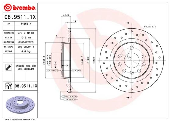 Brembo 08.9511.1X - Тормозной диск autospares.lv
