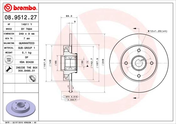 Brembo 08.9512.27 - Тормозной диск autospares.lv