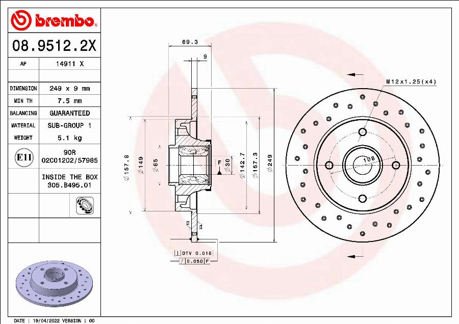 Brembo 08.9512.2X - Тормозной диск autospares.lv