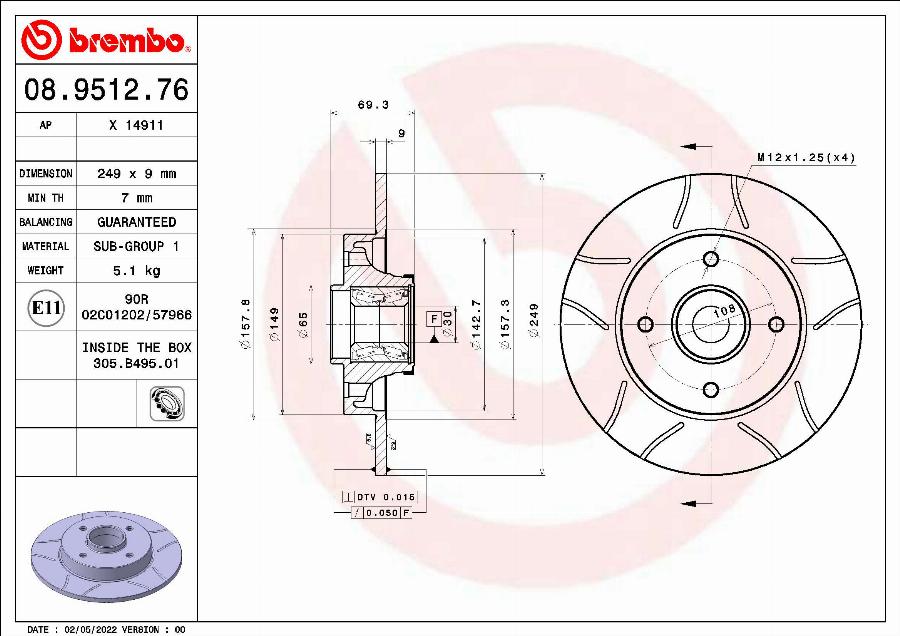 Brembo 08.9512.76 - Тормозной диск autospares.lv