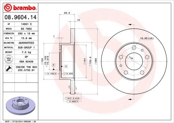 Brembo 08.9604.14 - Тормозной диск autospares.lv