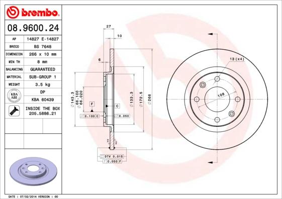 Brembo 08.9600.24 - Тормозной диск autospares.lv