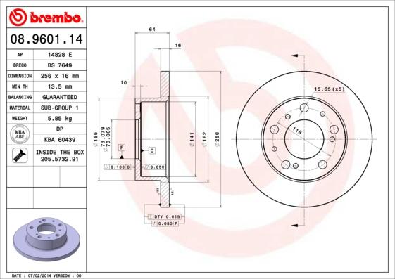 Brembo 08.9601.14 - Тормозной диск autospares.lv