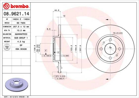 Brembo 08.9621.14 - Тормозной диск autospares.lv
