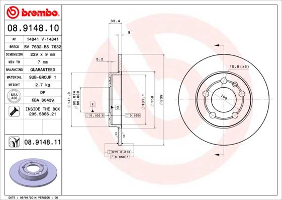 Brembo 08.9148.10 - Тормозной диск autospares.lv