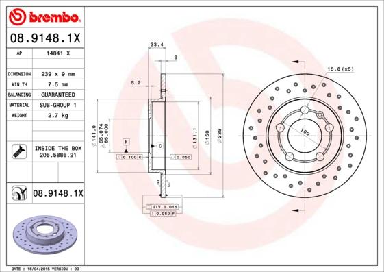 Brembo 08.9148.1X - Тормозной диск autospares.lv