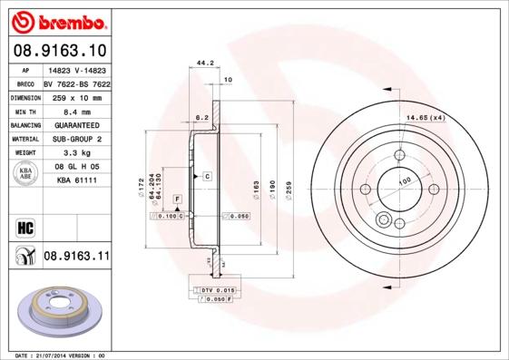 Brembo 08.9163.11 - Тормозной диск autospares.lv