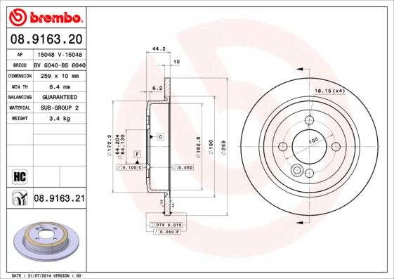 Brembo 08.9163.21 - Тормозной диск autospares.lv