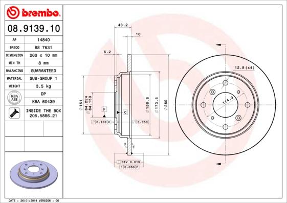 Brembo 08.9139.10 - Тормозной диск autospares.lv