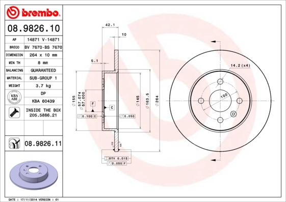 Brembo 08.9826.10 - Тормозной диск autospares.lv