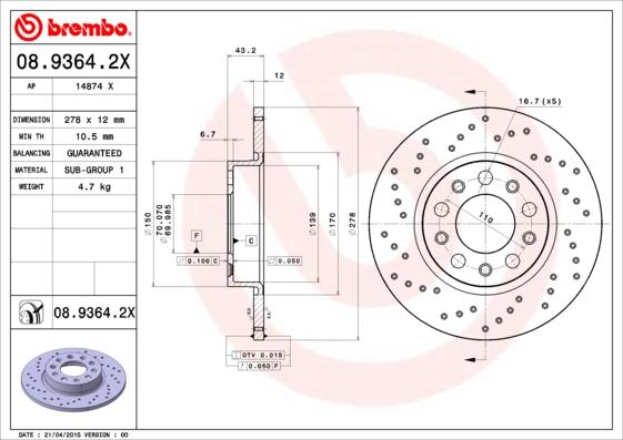 Brembo 08.9364.2X - Тормозной диск autospares.lv