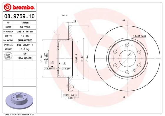Brembo 08.9759.10 - Тормозной диск autospares.lv