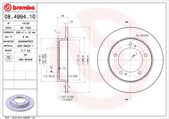 Brembo 08.4994.10 - Тормозной диск autospares.lv