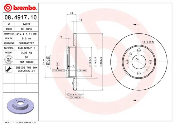 Brembo 08.4917.10 - Тормозной диск autospares.lv