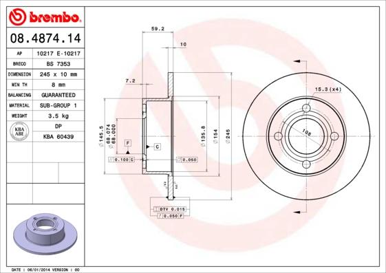 Brembo 08.4874.14 - Тормозной диск autospares.lv