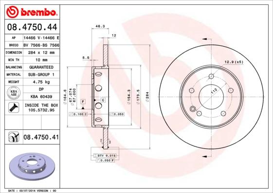 Brembo 08.4750.41 - Тормозной диск autospares.lv