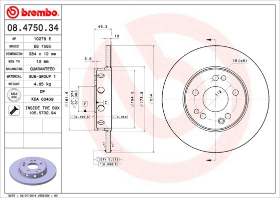 Brembo 08.4750.34 - Тормозной диск autospares.lv