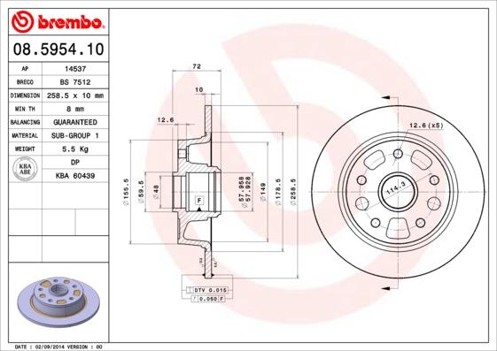 Brembo 08.5954.10 - Тормозной диск autospares.lv