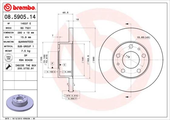 Brembo 08.5905.14 - Тормозной диск autospares.lv