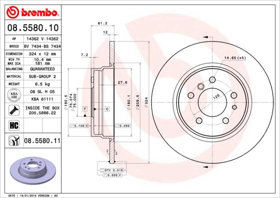 Brembo 08.5580.11 - Тормозной диск autospares.lv