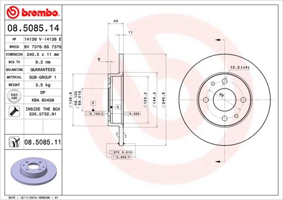 Brembo 08.5085.11 - Тормозной диск autospares.lv