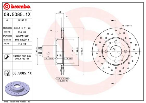 Brembo 08.5085.1X - Тормозной диск autospares.lv
