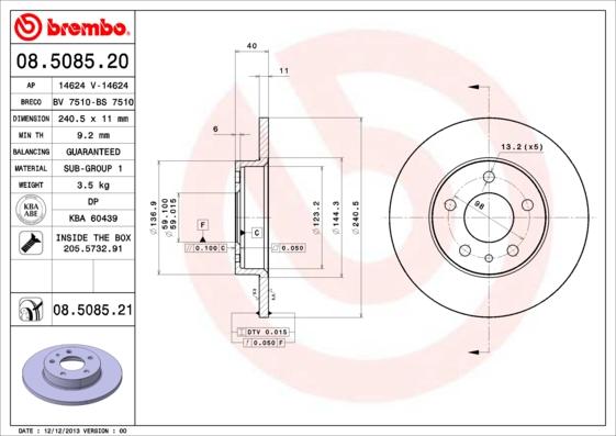Brembo 08.5085.20 - Тормозной диск autospares.lv