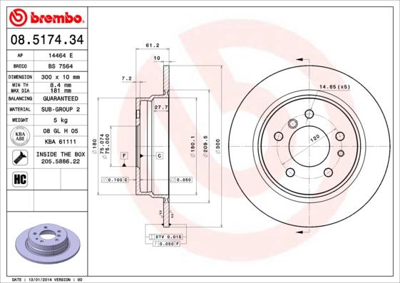 Brembo 08.5174.34 - Тормозной диск autospares.lv
