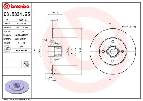 Brembo 08.5834.25 - Тормозной диск autospares.lv