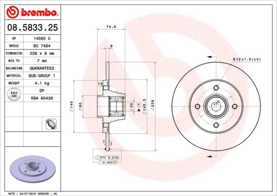 Brembo 08.5833.25 - Тормозной диск autospares.lv