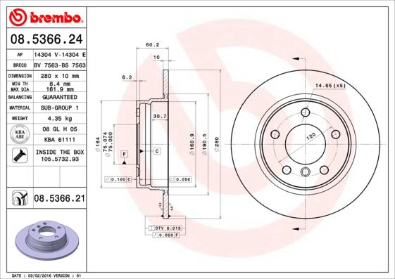 Brembo 08.5366.21 - Тормозной диск autospares.lv