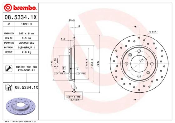 Brembo 08.5334.1X - Тормозной диск autospares.lv