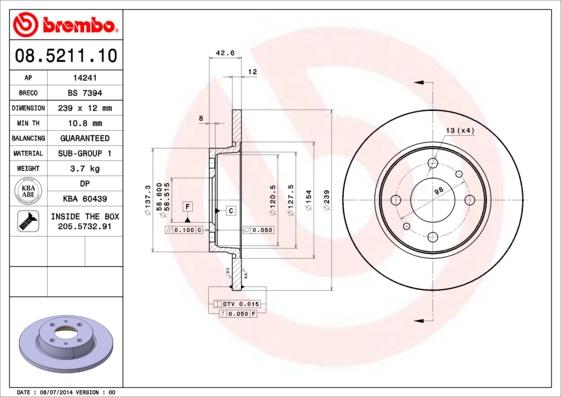 Brembo 08.5211.10 - Тормозной диск autospares.lv