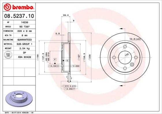 Brembo 08.5237.10 - Тормозной диск autospares.lv