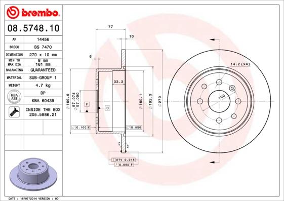Brembo 08.5748.10 - Тормозной диск autospares.lv