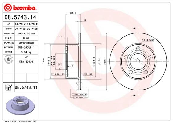Brembo 08.5743.11 - Тормозной диск autospares.lv